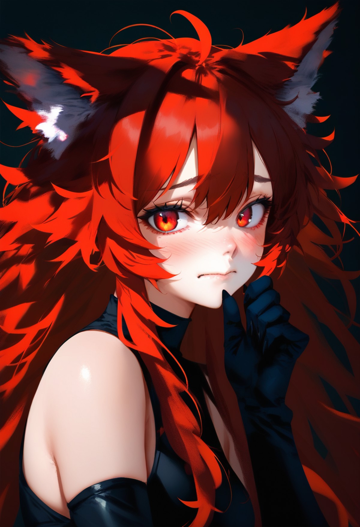 score_9, score_8_up, score_7_up, 1girl, solo, wolf ears, wolf girl, red hair, messy hair, long hair, looking at viewer, bl...