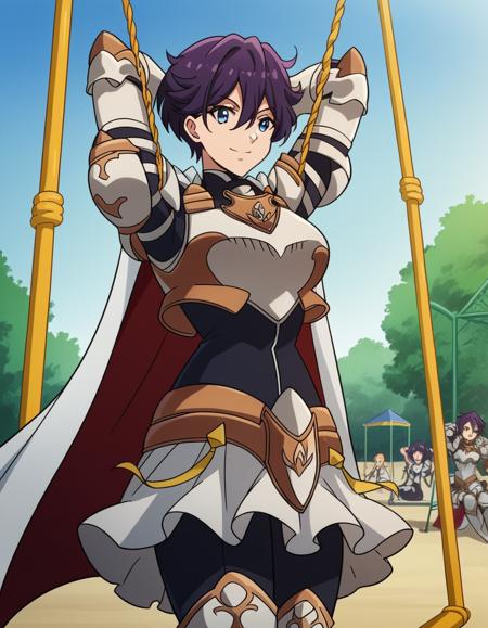 beefeater e caty, short hair, purple hair, blue eyes, hair between eyes, medium breasts skirt, gloves, cape, armor, shoulder armor, gauntlets,