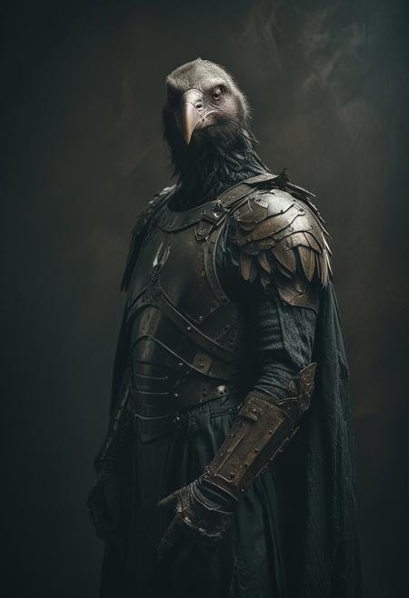 a vulture-man in iron armour, black cape, studio background, high-contrast palette, subtle grain, cinematic quality, modern art photograph, looking at viewer