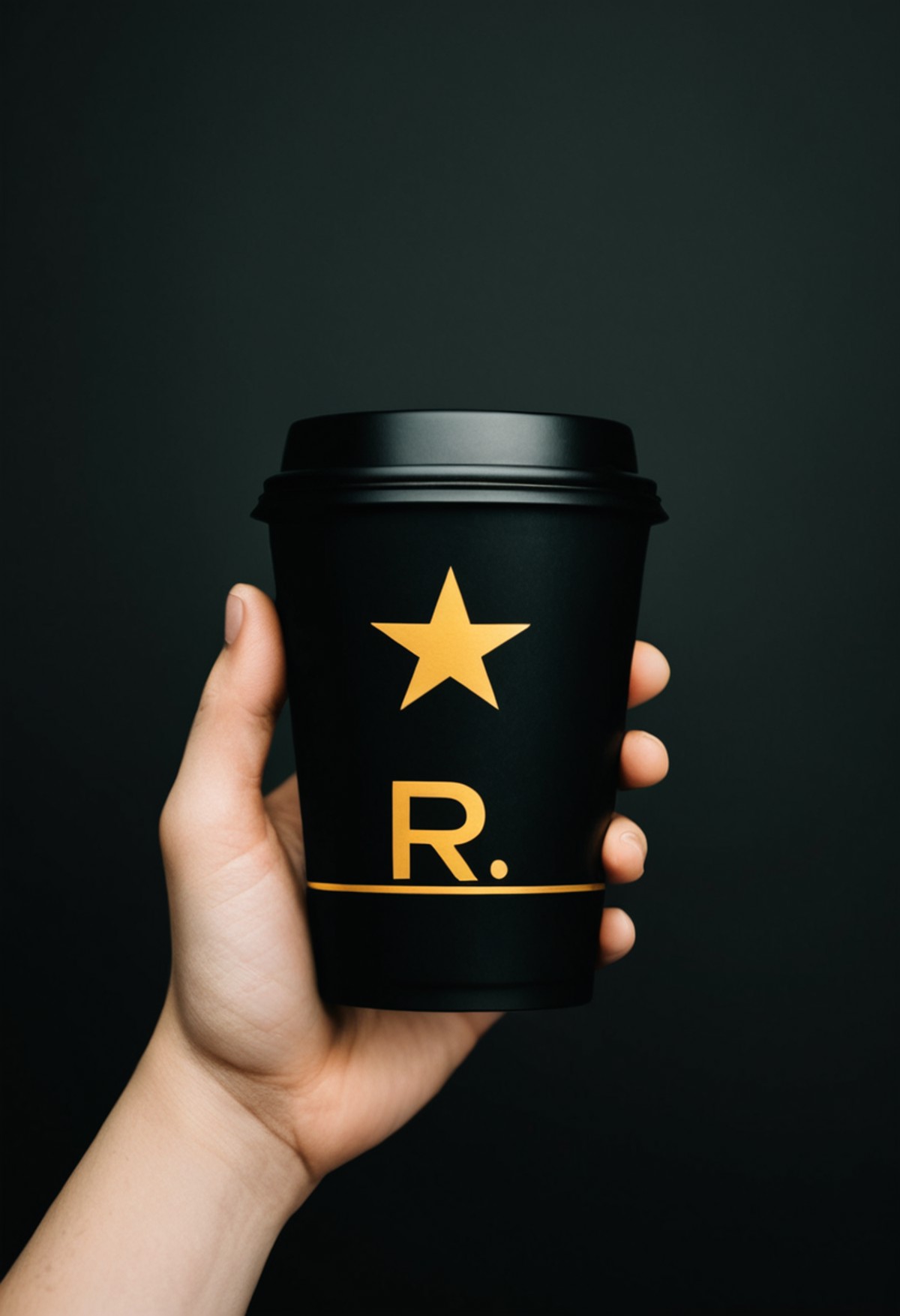 a personâs hand is elegantly holding a black coffee cup against a dark background. The coffee cup is adorned with a gold...