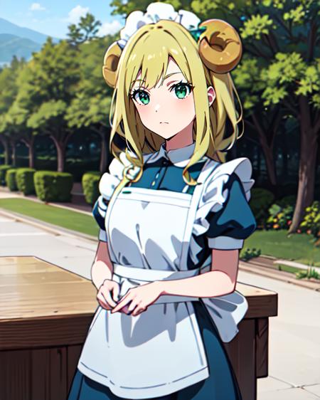 KaorukoR4, 1girl , blonde hair, green eyes, maid, maid headdress, apron, cyan dress, animal ears, goat, ears, 