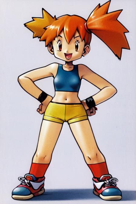 sugimori ken 1990s, 1girl, misty (pokemon), solo, side ponytail, full body, orange hair, short shorts, yellow shorts, midriff, simple background, yellow crop top, navel, white background, blue sneakers, hands on hips, standing, wristband, smile, open mouth, swimsuit, short hair, looking at viewer, red socks, legs, <lora:KenSugimori1990s-v1-0:1>