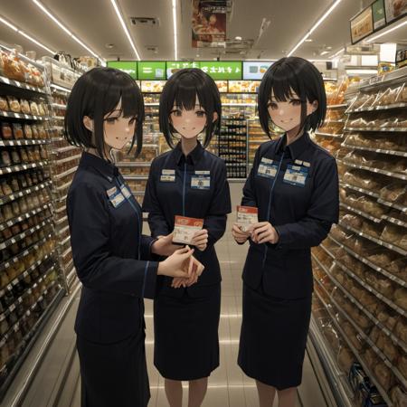 cinematic still best quality, ultra-detailed,
famimaU, employee uniform, japan, 2girls, convenience store, shop, glasses, black hair, smile, id card, 
 <lora:FAMIMA_scenery_SDXL_V2:1> . emotional, harmonious, vignette, highly detailed, high budget, bokeh, cinemascope, moody, epic, gorgeous, film grain, grainy