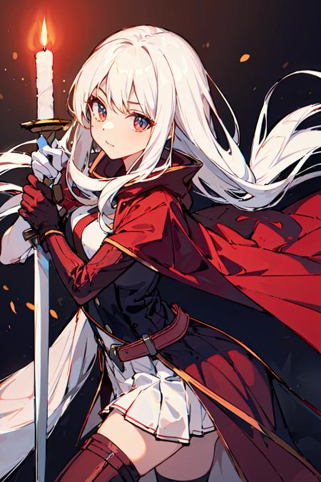 <lora:TrNyteal:0.8>1girl, solo, long hair, sword, white hair, weapon, looking at viewer, gloves, cape, white gloves, candle, red cape, uniform, cowboy shot