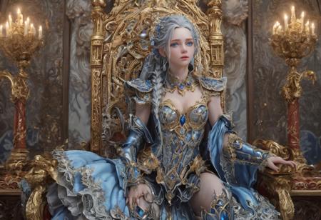 score_9, score_8_up, score_7_up, score_6_up, score_5_up, score_4_up, 1girl(Tall, muscular, gray hair, braided hair, dressed in highly detailed dressed, blue eyes, magic scepter, cute face) sitting on ornate throne
full body shot, 8k, high quality, indoors, bright light, FastNegativeV2