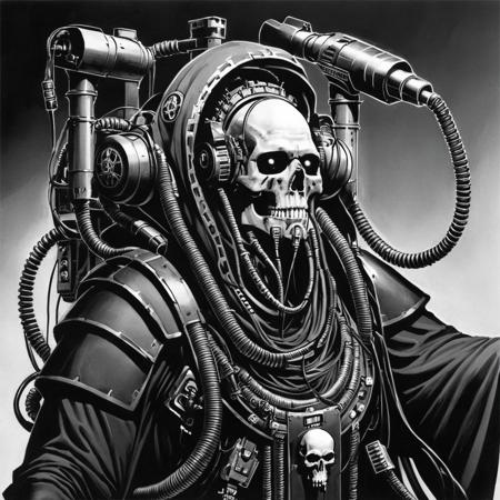 A black and white sketch of a Tech Priest with his face exposed. He has a large mechadendrite coming from his left eye socket and a large amount of wires, tubes, and cables coming from the back of his head. His mouth is open and he has cybernetic teeth. He is wearing a dark robe with a skull symbol on his chest. The image is cropped close to the Tech Priest's face.
Adeptus Mechanicus,
<lora:tech_priest:1>