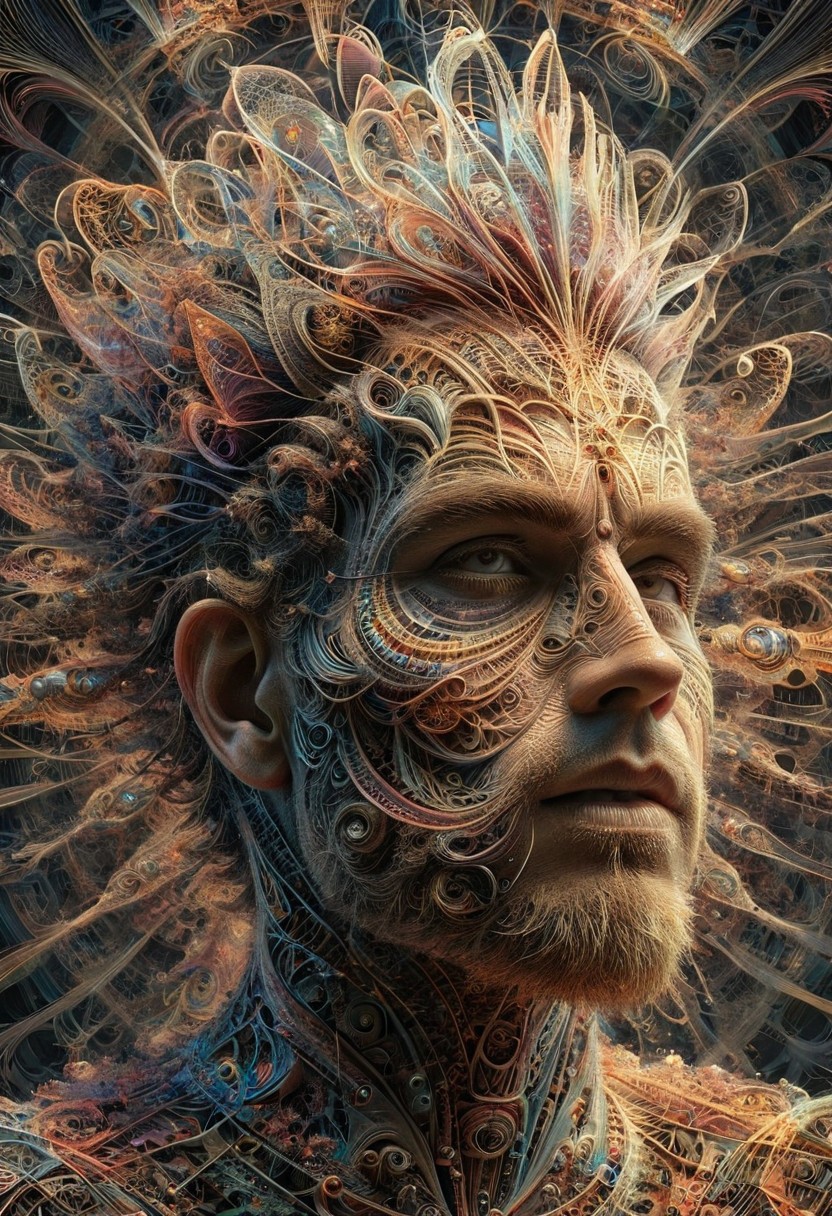 Photorealistic, fin art multi color photography, editorial photography, optical photo art portrait of an male, short fractal hair, pale face, hair ornaments, 3d, vasarely glitch , multi color fractals, ral-frctlgmtry, , low light, hard natural light, Rembrandt style light, Hasselblad DLSR camera, 200mm Zeiss lens, f/2.8, video glitches, scanlines, 1980s video movie shot,