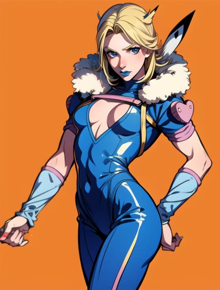 <lora:add_detail:0.54>Johnny Joestar, araki hirohiko (style), amazing anatomy, masterpiece, best quality, 1girl, gender swap,  solo, johnnyjojo, blonde hair,  blue lipstick, official artstyle, manga, alternate costume, standing, pants,  young:0.98,  western background, <lora:johnnyanyver:0.96>