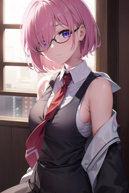 mashkyrielight, <lyco:mashkyrielight-lyco-nochekaiser:1>, 
mash kyrielight, glasses, hair between eyes, hair over one eye, (purple eyes:1.1), pink hair, short hair,
BREAK hood, shirt, collared shirt, white collar, black shirt, necktie, red necktie, sleeveless, off shoulder,
BREAK looking at viewer,
BREAK indoors, classroom,
BREAK <lyco:GoodHands-beta2:1>, (masterpiece:1.2), best quality, high resolution, unity 8k wallpaper, (illustration:0.8), (beautiful detailed eyes:1.6), extremely detailed face, perfect lighting, extremely detailed CG, (perfect hands, perfect anatomy),