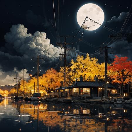 msaibo, no humans, cloud, reflection, tree, scenery, moon, sky, building, outdoors, leaf, autumn leaves, full moon, cloudy sky, power lines