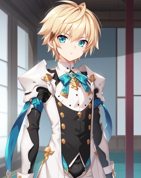 chung_elsword, blue eyes, blonde hair, full body armor, full face helmet, holding weapon, dual wielding, gun, spiked hair, 