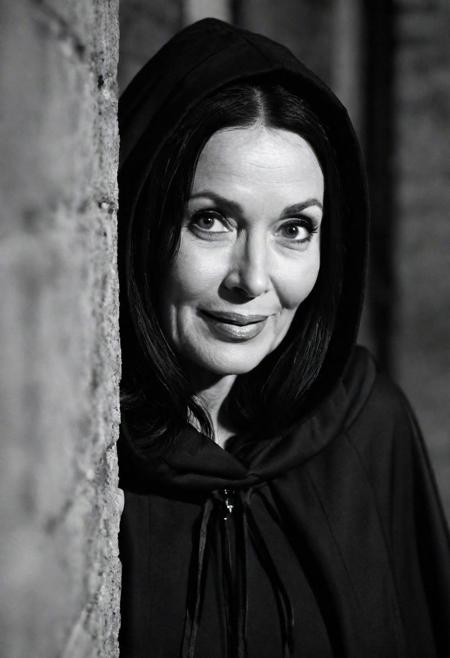 cinematic, ((black and white, monochrome, greyscale)), portrait, of a highly detailed, older woman, (wrinkles:0.1), long black hair, beautiful illuminated eyes, slight smile, black cloak with hood, medium breasts, leaning, against a wall, in a dark, dimly lit, urban alley, at night, she beckons you to follow her, an endless experience of ecstasy and delight awaits and the only cost is just your soul. noise, noisy, detailed, high quality, cinematic lighting, contrast, heavy dynamic shadows, atmospheric,