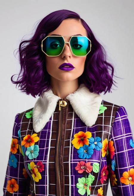 This is a photograph featuring a person with a striking, avant-garde aesthetic. The subject has a bold, vibrant look. They are wearing a bright purple bob haircut, styled in a blunt, geometric shape. The person's face is covered by a pair of neon green, futuristic, visor-like sunglasses, which have a smooth, glossy finish and are slightly curved to fit the face. 
The individual's lips are painted a deep, rich purple, matching the color of their hair. The image is a high-resolution photograph featuring a poised woman standing against a plain white background. She is dressed in a vibrant, intricately patterned, long-sleeved top with a high neckline and a fitted black mini dress. The top is adorned with an elaborate, colorful, and intricate design featuring a mix of floral, geometric, and abstract patterns in shades of red, green, blue, yellow, and orange. The image is a photograph of a young woman standing indoors, dressed in a vintage-inspired outfit. She has wavy, dark hair styled in soft curls and adorned with a decorative hair accessory featuring a small, colorful flower. She wears a plaid jacket with a faux fur collar, predominantly in shades of blue, brown, and white. The jacket is buttoned up, revealing a white shirt underneath.