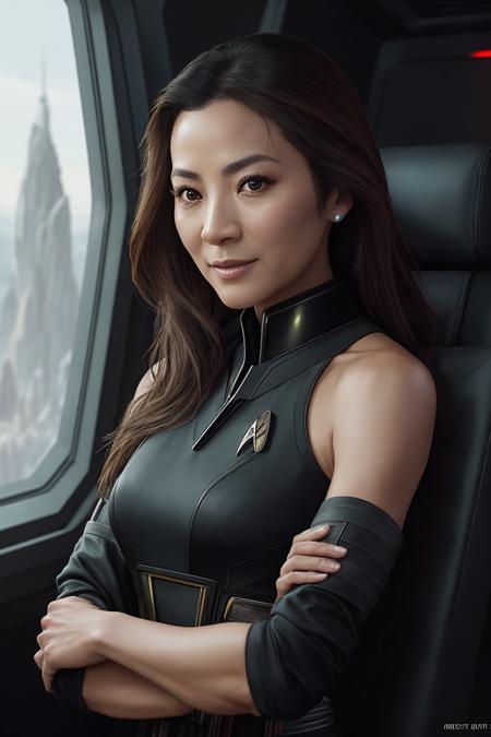 photo of (m1chelley3oh:0.99), a woman as a star trek officer, modelshoot style, (extremely detailed CG unity 8k wallpaper), large breasts, photo of the most beautiful artwork in the world, professional majestic oil painting by Ed Blinkey, Atey Ghailan, Studio Ghibli, by Jeremy Mann, Greg Manchess, Antonio Moro, trending on ArtStation, trending on CGSociety, Intricate, High Detail, Sharp focus, dramatic, photorealistic painting art by midjourney and greg rutkowski, (star trek uniform:1.1), (trousers), ((spaceship interior)), (crew members in background), (looking at viewer), (detailed pupils:1.3), (closeup), (grin512)