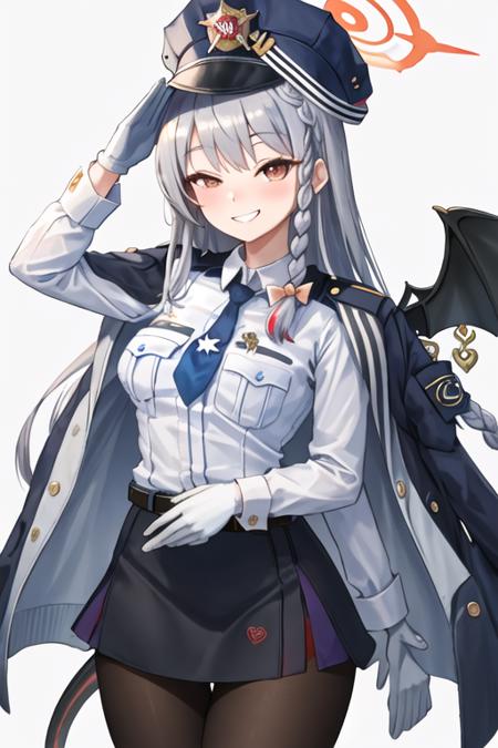 best quality, masterpiece, highres, solo, {haruna_bluearchive:1.15}, red_eyes, halo, braid, smile, wings, bangs, long_hair, grey_hair, blush, breasts, bow, white_hair, hair_bow, 1girl, hat, looking_at_viewer, shirt, uniform, police, police_uniform, policewoman, blue_shirt, gloves, long_sleeves, necktie, white_gloves, blue_necktie, collared_shirt, police_hat, grin, skirt, white_background, belt, one_eye_closed, salute, bag, blue_headwear, blue_skirt, heart, pantyhose, simple_background