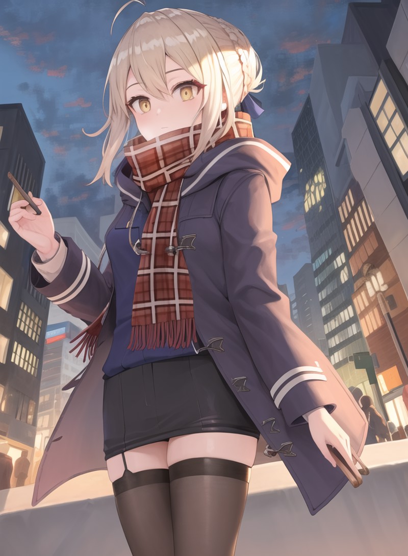 masterpiece, best quality, MHXA, (classical outfit), plaid scarf, coat, calm, patient, city center, <lora:MHXA_REMAKE-20:0.8>