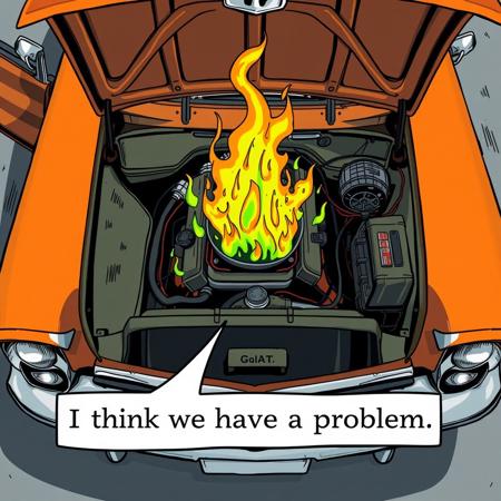 full-color manga illustration, from above, a close up of a classic car with the hood open and the engine block on fire, green flames, caption with text: 'I think we have a problem."