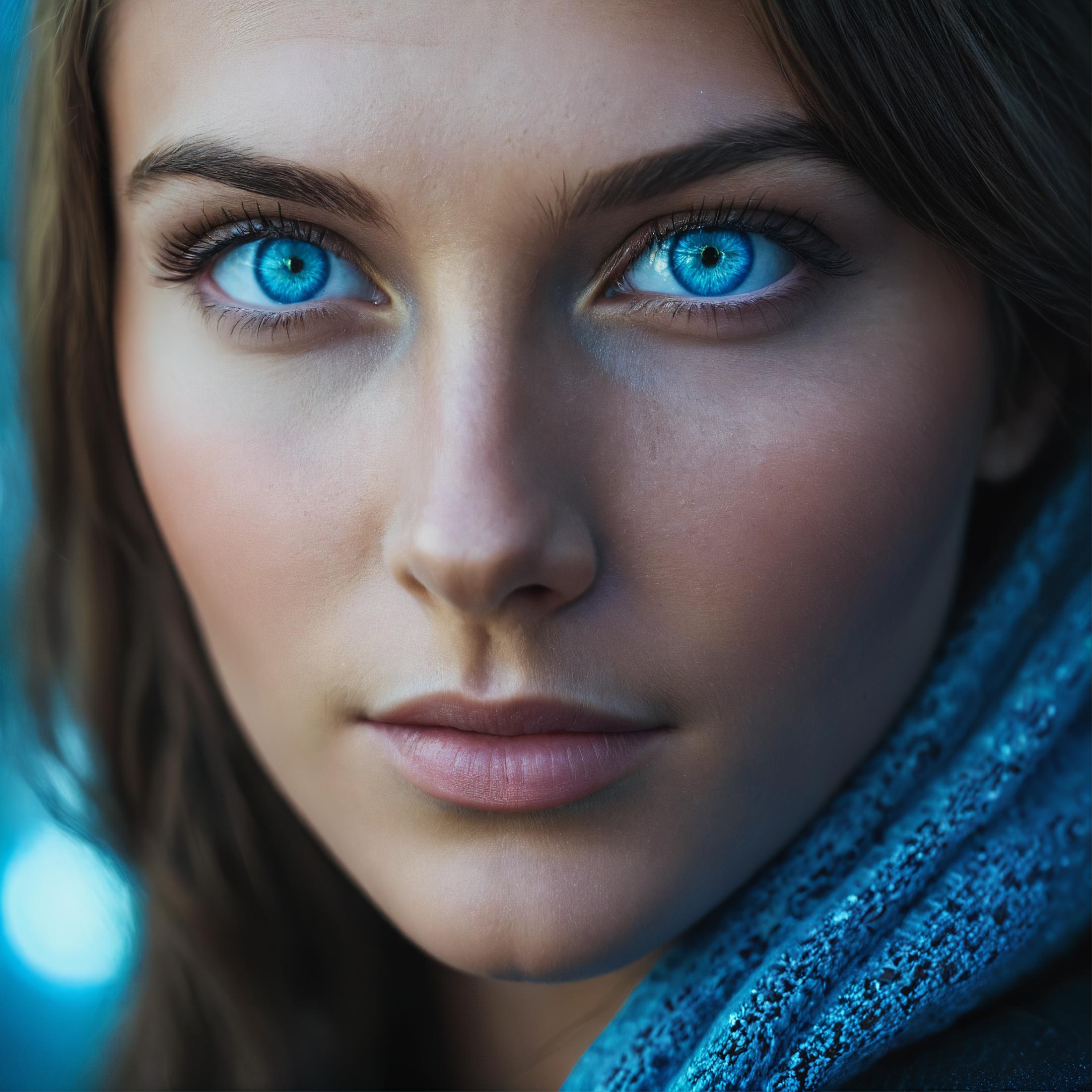 A young woman with blue eyes and a blue scarf.
