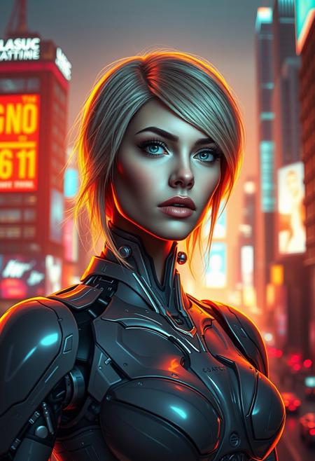 a striking cybernetic blonde woman, stands confidently in a futuristic cityscape at sunset. Soft, even lighting casts a warm glow on her features, accentuating the intricate details of her cybernetic robot attire. Her face, a masterwork of precision and beauty, is framed by medium-length portrait proportions. Eyes gleam with intensity as she surveys the neon-lit metropolis behind her, where towering skyscrapers and holographic advertisements blur into a futuristic haze.