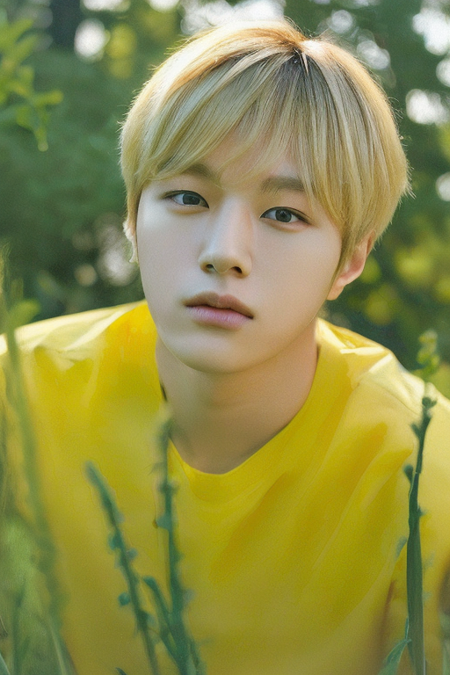 (1boy, male focus:1.5),solo, lean, close-up, parted bangs, photorealistic,realistic, solo, short hair,` photorealistic, best quality, ultra high res, blonde hair, wearing a yellow t-shirt, breeze blowing through the grass, beautiful, masterpiece, best quality, extremely detailed face, perfect lighting, best quality, ultra high res, photorealistic, ultra detailed, masterpiece, best quality,