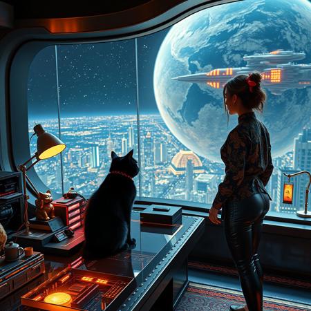 A sleek black cat with red collar sits on a cluttered metal riveted desk with transparent top and micro-LED lighted computer components visible inside, On the desk is a gold and lacquer maneki neko statue and an art deco desk lamp, the Black Cat is looking out of a seamless and futuristic floor to ceiling window that looks out at a planet from low orbit, the planet is covered with the lights of enormous buildings and cities, (((a beautiful woman, 24 years old, is standing next to the desk the cat is sitting on and looking longingly out the window, the woman is dressed in an ornate Japanese style shirt and tight leather pants with an ornate design. An enormous deco starship with futuristic lighting and an enormous space station are visible in the background among the stars, The woman's hair is messy from just waking up and tied up with a ribbon.  Artistic art deco, dynamic perspective, (((overall architectural aesthetic is Art Deco Cyberpunk))).  Epic image that elicits a feeling of wonder and awe,