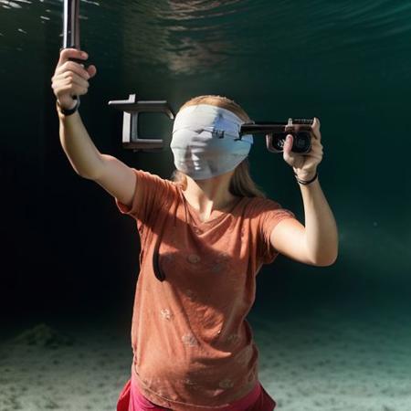 blindfolded animals underwater, (underwater: 1), hyperrealism, photorealism, realism, cinematic, full body, (group: 1.3), (blindfolded: 2), bubbles, (floating hair: 0.7), (shooting: 2), real face,