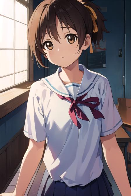 konuihirasawa, <lyco:uihirasawa-LYCORIStest:1>,
ui hirasawa, (brown eyes:1.5), brown hair, ponytail, short hair, (flat chest:1.2),
BREAK sakuragaoka high school uniform, school uniform,
BREAK looking at viewer,
BREAK indoors, classroom,
BREAK <lora:GoodHands-vanilla:1>, (masterpiece:1.2), best quality, high resolution, unity 8k wallpaper, (illustration:0.8), (beautiful detailed eyes:1.6), extremely detailed face, perfect lighting, extremely detailed CG, (perfect hands, perfect anatomy),