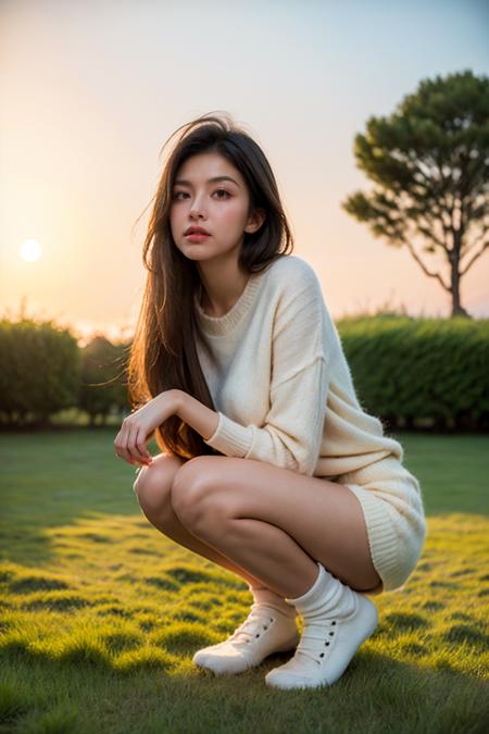 (Soft Lighting Photography by Mimoza Veliu and Mario Giacomelli:1.2), a sexy female in her 20, 
black hair,straight hair,blunt bang,looking down, surprised,serafuku, short skirt,socks, sitting, squatting, 
reaching on ground, (touching grass:1.4),, medium breasts,
on grass, grass,tall grass,wind,  falling leaves, 
sky, 
volumetric lighting, shadow,blurry foreground, foreshortening,<lora:twbabe_2:0.8><lora:Add_more_details_extra_details_v2:0.9>