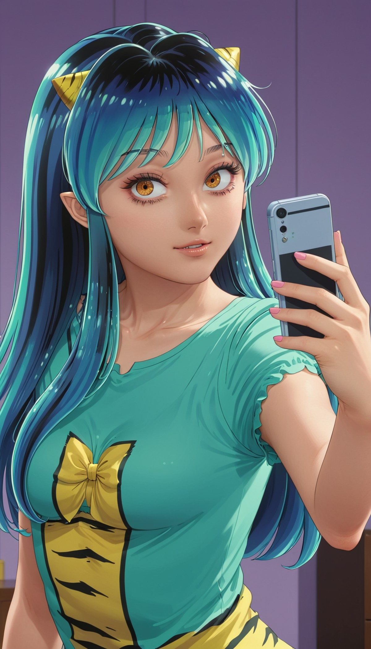(detailed anime art) of lum taking a selfie, room background, flat, 2.5d <lora:lum2:0.9>