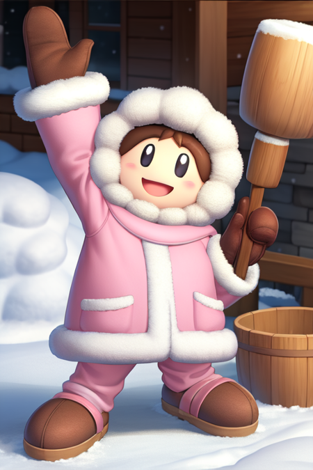 icnana, brown gloves, holding hammer, looking at viewer, hood up, happy, winter clothes, pink jacket, snow, fur-trimmed coat, arm up, brown footwear