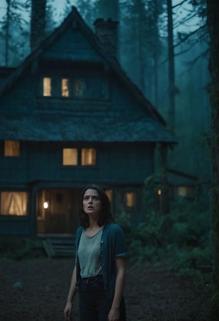 Cinematic frontal wide shot, landscape shot, dark night, full shot close up of dark haired woman standing and looking at someone offscreen, slight frown, scared expression on her face, backside of a large forest cottage with dim light, eerie, legion core, night lighting, muted color tones, dark blue and mahogany color tones, cinestill , fog, clouds, scary scenes,