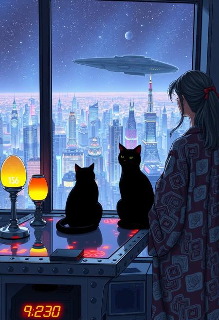 Jiji, the cat from Kiki's Delivery Service sits on a cluttered metal riveted desk with transparent top and rgb led computer components visible inside, On the desk are a maneki neko statue and a lava lamp, Jiji the Black Cat is looking out of a seamless and futuristic floor to ceiling window that looks out at a very high view from an apartment on the 400th floor of a futuristic Tokyo skyscraper, the year is 2250, The city has thousands of enormous wide and tall futuristic skyscrapers and space ships covered with lights in the sky, (((Kiki from Kiki's Delivery Service, 24 years old, is standing next to the cat looking out at the enormous city at night, filled with buildings of many shapes and sizes, some over a mile tall))), Kiki is dressed in an ornate Japanese style bath robe. An enormous deco starship with futuristic lighting and design is visible high above the city, and a space station is visible in the background among the stars, The woman's hair is messy from just waking up and tied up with a ribbon. Artistic cyberpunk, dynamic perspective, The focus is on Jiji and Kiki standing together looking out the window at the view together, (((overall architectural aesthetic is Art Deco Cyberpunk))).  Mt Fuji can be seen in the far distance,