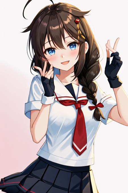 best quality, masterpiece, highres, solo, {shigure_kantaicollection:1.15}, long_hair, blue_eyes, ahoge, hair_flaps, braid, single_braid, hair_ornament, brown_hair, blush, black_hair, smile, hair_between_eyes, breasts, 1girl, black_gloves, black_serafuku, fingerless_gloves, gloves, hair_over_shoulder, looking_at_viewer, neckerchief, red_neckerchief, sailor_collar, school_uniform, serafuku, black_skirt, necktie, skirt, upper_body, white_sailor_collar, open_mouth, pink_background, pleated_skirt, simple_background