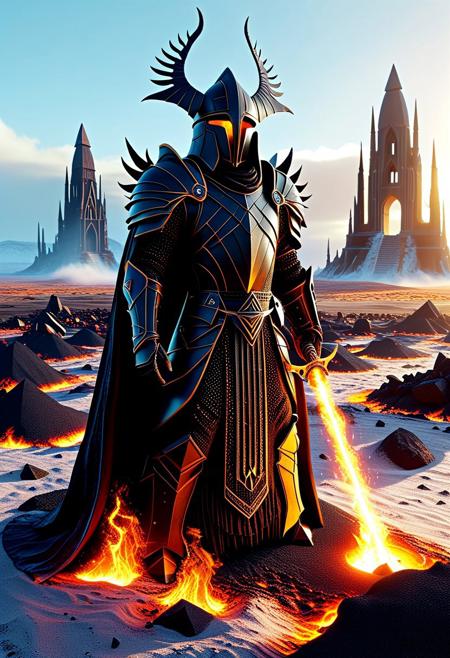 Upon blasted heath strewn with charred detritus, a sorcerer of immense prowess takes stance. Cloaked in garments woven from shadowstuff, embroidered with runes aflame, the mystic weaver of ruin marshals infernal energies to conjure annihilation incarnate. Palms pressed together before chest, eyes clenched shut in rapt concentration, the archmage unleashes pent-up pyrokinesis in explosive eruption. Blazing orb of super-heated plasma detonates outward, engulfing everything within radius of devastation. Searing tongues of flame dance frenetically, casting long, writhing shadows that writhe hypnotically amidst acrid haze choked with ash and embers. Smoke-shrouded silhouettes of toppled monoliths loom beyond periphery, relics of once-mighty bastions reduced to rubble by previous firestorms summoned by this maestro of mayhem.
3d-rendering, concept-art, digital, dreaminess, futuristic, multimedia, virtual-reality, 
eeriness, fantasy, other-worldliness, science-fiction, surreal, 
colorful, sci-fi style, technological, alien worlds, space themes, advanced civilizations, 
best quality, masterpiece, aesthetic, intricate details, highly detailed, ultra-detailed, absurdres, unreal engine, octane rendering, high contrast, vivid, vibrant, volumetric lighting, sharp focus, 
ObsidianSand