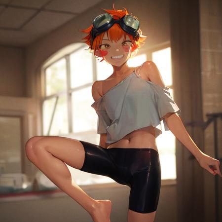 Edward,  standing,  Goggles
tan skin, tomboy, midriff, orange hair, loose shirt, off shoulder, spiked hair, barefoot, bike shorts, brown eyes, goggles on head,  blush stickers,  grin, balancing on one leg,  standing,
(insanely detailed, beautiful detailed face, masterpiece, best quality)  <lora:Edward-03:1>  volumetric lighting, best quality, masterpiece, intricate details, tonemapping, sharp focus, hyper detailed