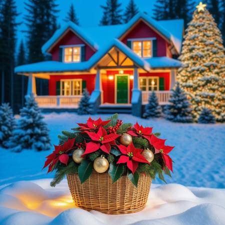 gold basket with fir branches inside with small Christmas balls and green leaves and red poinsettia leaves, in the background snowy fir forest with an illuminated house in the distance