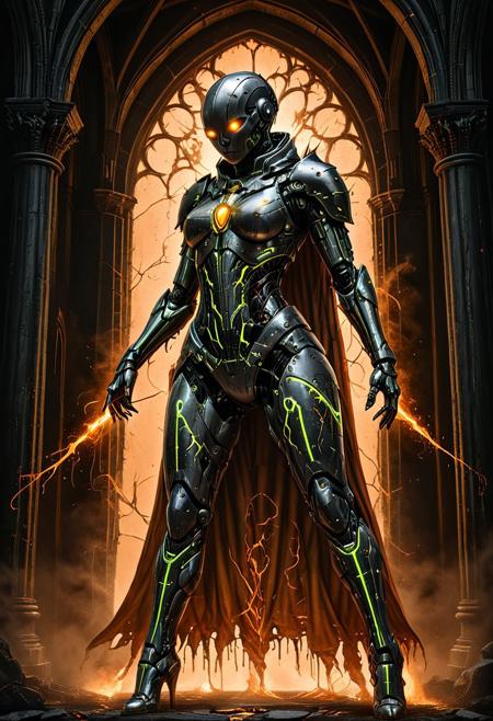 1girl, solo, female knight cyborg, mobe-cybideen, full cyber armor,  futuristic gothic armor, glowing lime green accents, orange energy veins, two daggers limegreen windows, barcode tattoos, neon light trims, long cape with lime orange edge, ancient dark stone cathedral, high arched windows, pitch black columns, dark souls style interior, orange smoke, glowing emblem on chestplate, blood running from armor, blood dripping,  moody cinematic lighting, dark palette with neon contrast, glowing particles, dynamic pose, backlit silhouette, sharp metallic textures, gritty atmosphere, semi-realistic, detailed rendering, clean composition