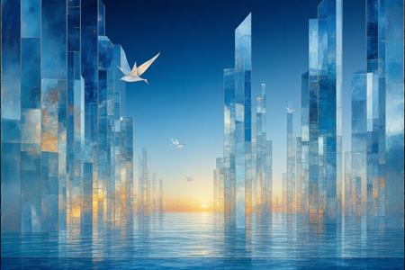 A fractured waterfront dissolves into crystalline geometry under a cubist sky, amber and saffron prisms refracting liquid light across cerulean planes. Low-angle perspective amplifies the surreal scale: jagged glass-like facets cascade toward a razor-thin horizon, converging at a focal point where angular structures mimic icebergs in a still, metallic sea. Picasso’s fractured forms merge with Mondrian’s minimalism; sharp shadows carve honeycombed textures into matte surfaces, while translucent blues bleed into citrus hues like watercolor on steel. Ethereal tranquility hums through the air, a shimmering heat haze blurring edges, with ghostly origami cranes hidden in the geometry.