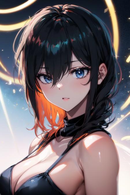 (masterpiece:1.2, best quality), (finely detailed beautiful eyes: 1.2), (detailed background,dark fantasy), (beautiful detailed face), high contrast, (best illumination, an extremely delicate and beautiful), ((cinematic light)), colorful, hyper detail, dramatic light, intricate details, (<lora:Ishimi-01:1>, hair between eyes, sweater, bikini, hot), swirling black light around the character, depth of field,black light particles,(broken glass),magic circle, (((black hair)))