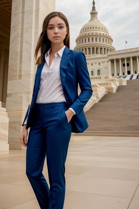 <lora:emily18_obj20:0.5>, full_body, standing, sandals, (suit), pants, (us capitol), (emily18: 1.2), perfect face, (contact iris: 1.1), pale skin, skin pores , depth of field