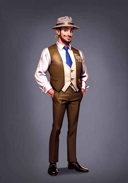 European and American cartoons, game characters, original design, 1boy, male focus, solo, hat, vest, pants, necktie, card, blue necktie, hand in pocket, standing, full body, shirt, playing card, long sleeves, smile, shoes, looking at viewer, white shirt, brown footwear, grey background, holding, facial hair, earrings, brown vest, collared shirt, brown pants, jewelry<lora:CG Game ouka:1>