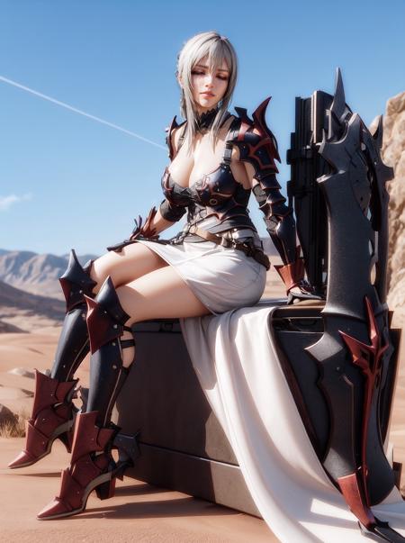 (high quality:1.3), highly detailed, (3D, cycle render, computer graphics:1.2), 
AraneaHighwind, sitting on rock with closed eyes, serenity, (beautiful sky background:1.1), (desert, hills and sky:1.1), (full body shot:1.15),
grey hair, lipstick, makeup, black eyeshadow, eyelashes, (ultra detail hair:1.1), ultra realistic hair, ultra detail face, green eyes, (perfect eyes, perfect face:1.1),
black Armor, breastplate, (greaves:1.2), pants, gauntlets, shoulder armor, pauldrons, white dress, armored dress,
(Large Breasts:1.2), cleavage, <lora:AraneaHighwind-000009:0.8>,  <lora:add_detail:0.8>