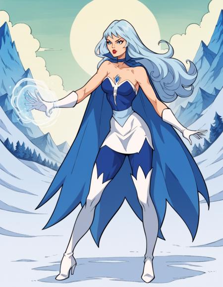 hud_frosta_shera, 1girl, solo, long blue hair, blue eyes, tight blue and white short dress, strapless, bare shoulders, blue choker, cape, blue chest jewel, blue pantyhose, white thigh boots, white gloves,  magic, lipstick, retro artstyle staff