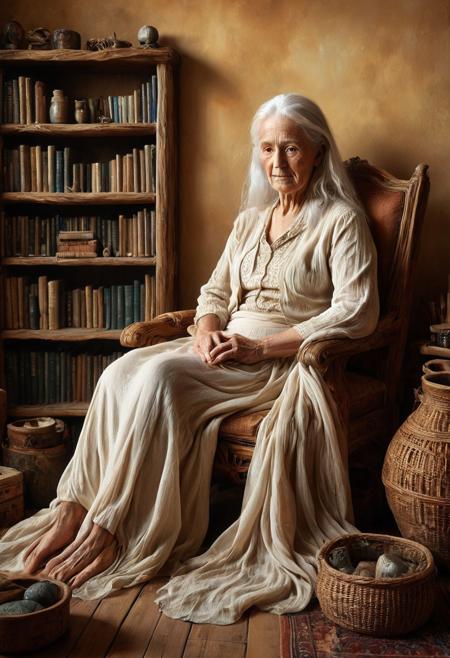 score_9, score_8_up, score_7_up, score_6_up, morph-treeroots A serene portrait of a wise old Vulcan woman with flowing white hair, her face etched with the wisdom of a lifetime. She is sitting in a cozy armchair, surrounded by books and artifacts from her travels. The room is filled with soft, natural light, creating a sense of peace and tranquility. The style is a blend of classical portraiture and impressionism, reminiscent of the works of John Singer Sargent and Mary Cassatt, with a color palette of warm earth tones, daylight, best artist, best shadows, best lighting, best textures, best contrast, epic background, portrait, sfw, pg
