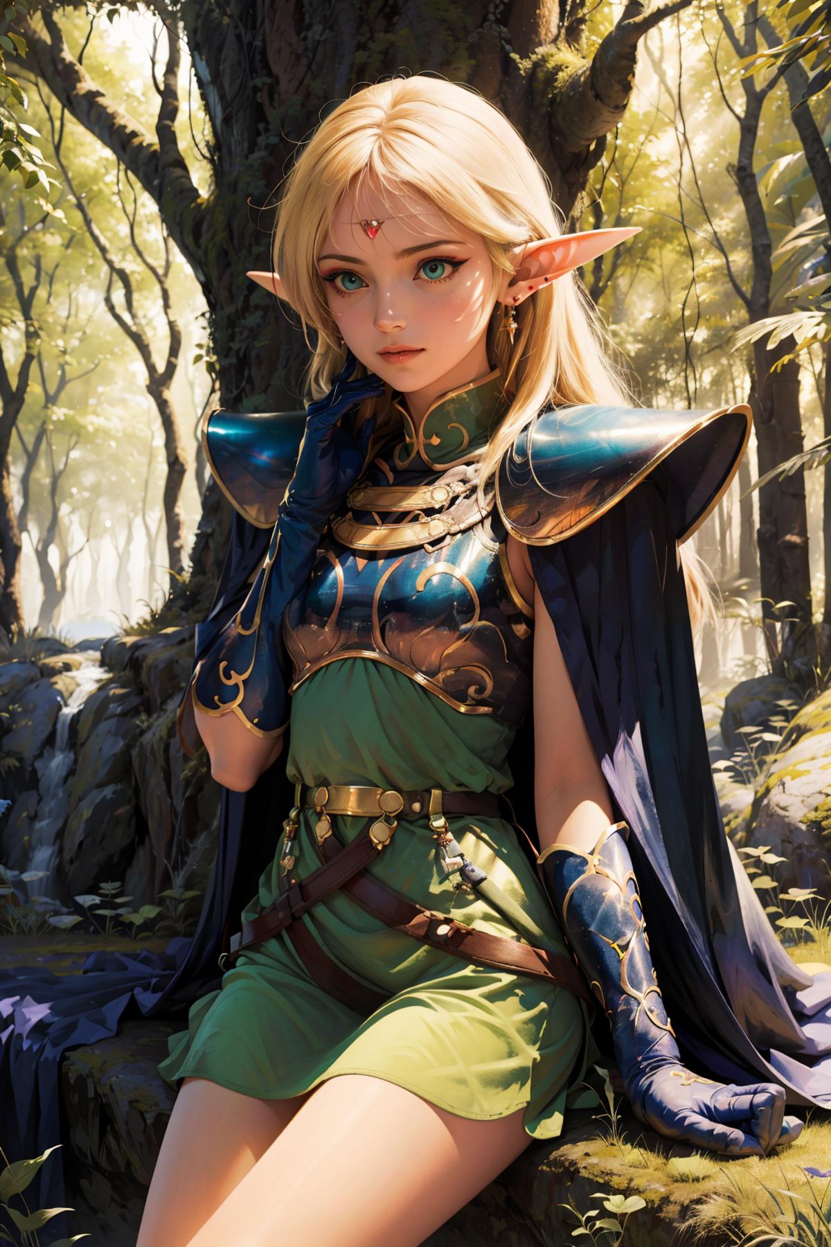 A beautifully drawn illustration of a female elf in a green dress.