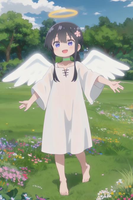 1girl, watahana, smile, open mouth, spread arms, 
angel, angel wing, wing, halo, green choker, white dress, wide sleeves, barefoot, many feathers on background, 
outdoor, park, grass, flowers, sky, cloud, glowing halo, dynamic angle
 <lora:Wataten_Hana-v10:0.9>