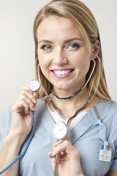 Blonde gorgeous doctor with doctor scrubs, best camera position gloves and surgical mask hot friendly and sensual flirty scrubbed doctor, wide smile, showing white teeth, deep look, deep eyes, looking at you. Using a stethoscope. (stethoscope towards you), hand palms pose. stethoscope_listen