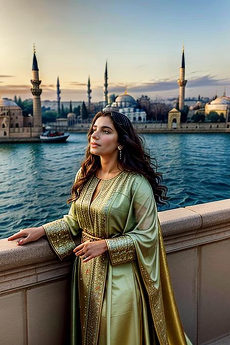 In the heart of Istanbul, beneath the watchful gaze of minarets reaching for the heavens, a Turkish woman named Eris Aykac stands poised at an open window, her presence a captivating tableau against the backdrop of an ancient city steeped in history.
She is draped in a flowing garment of vibrant silk, the hues of which mimic the colors of the Bosphorus at dusk â azure blues and emerald greens interwoven with threads of gold, each fold and curve of fabric a testament to the artisanal mastery of Turkish craftsmanship. Around her waist, a slender belt adorned with intricate patterns of Ottoman design cinches her attire, accentuating the graceful contours of her form.
The day unfolds like a canvas painted by the hand of a master, bathed in the soft glow of the morning sun filtering through wisps of cloud. The air is alive with the scent of spices and freshly brewed Ã§ay, mingling with the distant strains of street vendors' calls and the rhythmic clatter of cobbled streets.
The building she inhabits is a testament to the architectural splendor of Istanbul, its faÃ§ade adorned with ornate carvings and delicate arabesques that speak of a bygone era of opulence and grandeur. From her vantage point, she can see the domes and minarets of ancient mosques piercing the sky, their spires reaching ever upward in silent reverence.
As she raises her gaze to the heavens, her voice emerges like a gentle breeze, carrying with it the soul-stirring melodies of Turkish folk songs passed down through generations. Each note is imbued with a depth of emotion that resonates with the spirit of the city itself â a blend of joy and sorrow, longing and fulfillment.
The passersby below pause in their hurried footsteps, drawn by the ethereal beauty of her song. Some stand transfixed, their eyes alight with wonder, while others simply close their eyes and let the music wash over them like a gentle tide.
For in this moment, as the Turkish woman sings from her open window, she becomes a living embodiment of the timeless allure of Istanbul â a city where the past and present converge in a symphony of sights, sounds, and sensations, forever etching their mark upon the soul of all who dare to listen.
<lora:add_detail:1>
<lora:detailed_eye:1>
<lora:GoodHands-vanilla:1>