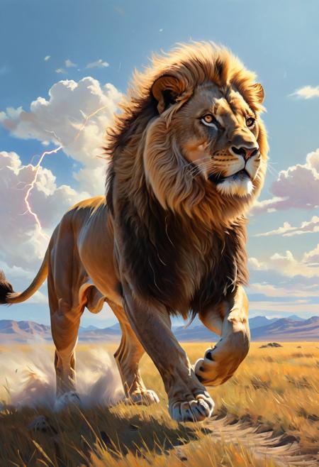 Realistic painting of a male lion galloping powerfully across a vast steppe, with dynamic ray tracing capturing the sunlight filtering through an expansive sky, by artists inspired by the detail and lifelikeness of George Stubbs and the dynamic compositions of Frederic Remington, cinematic composition, trending on ArtStation
BadDream, anzhcdreamwave, aesthetic, glowneon, glowing, sparks, lightning