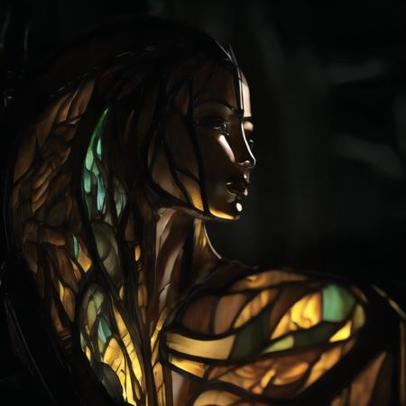 (dark, dimly lit, low key, shurima, stained glass:1.2),  dramatic light,  <lora:shurima-1:1>, a close up of a sculpture of an upper body of a beautiful woman in a pitch dark room, seductive, erotic, nude